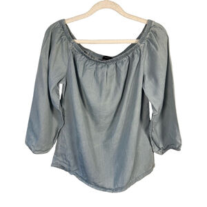Solar Chambray Blue Off-Shoulder Boho Peasant Blouse Size 34 XS S Lightweight